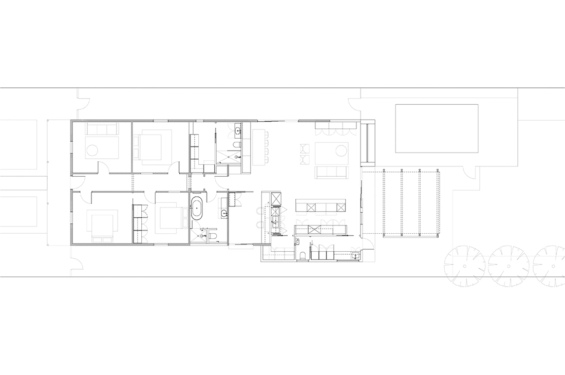 Black and white architectural floor plan of a modern extension to a traditional heritage home in Williamstown. The plan includes bedrooms, home office, bathroom, ensuite, walk in robe, large kitchen, pantry, laundry, dining area and living room, with a pool and an outdoor entertainment area.